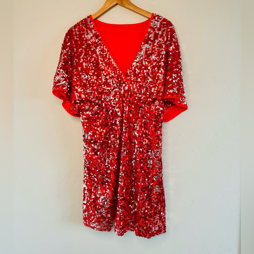 NEW Sequin Dress Unity Plus Batwing Sleeve Red/Silver Shine SZ 2X/16